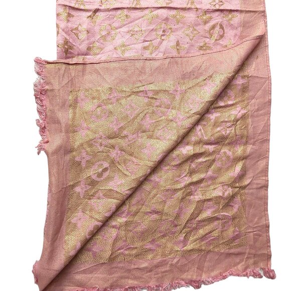 LOUIS VUITTON LV Light Pink & Gold Monogram Shawl Scarf Wrap - Picture 4 of 10